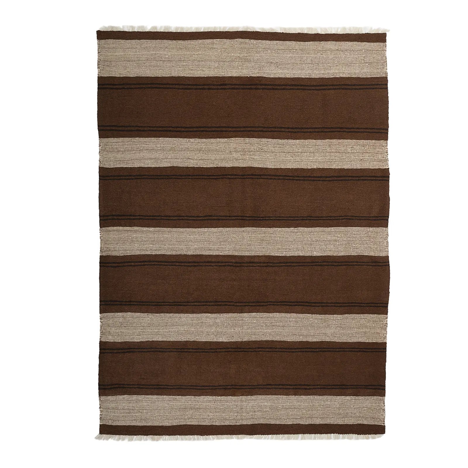 Striped brown and beige rug on a white background