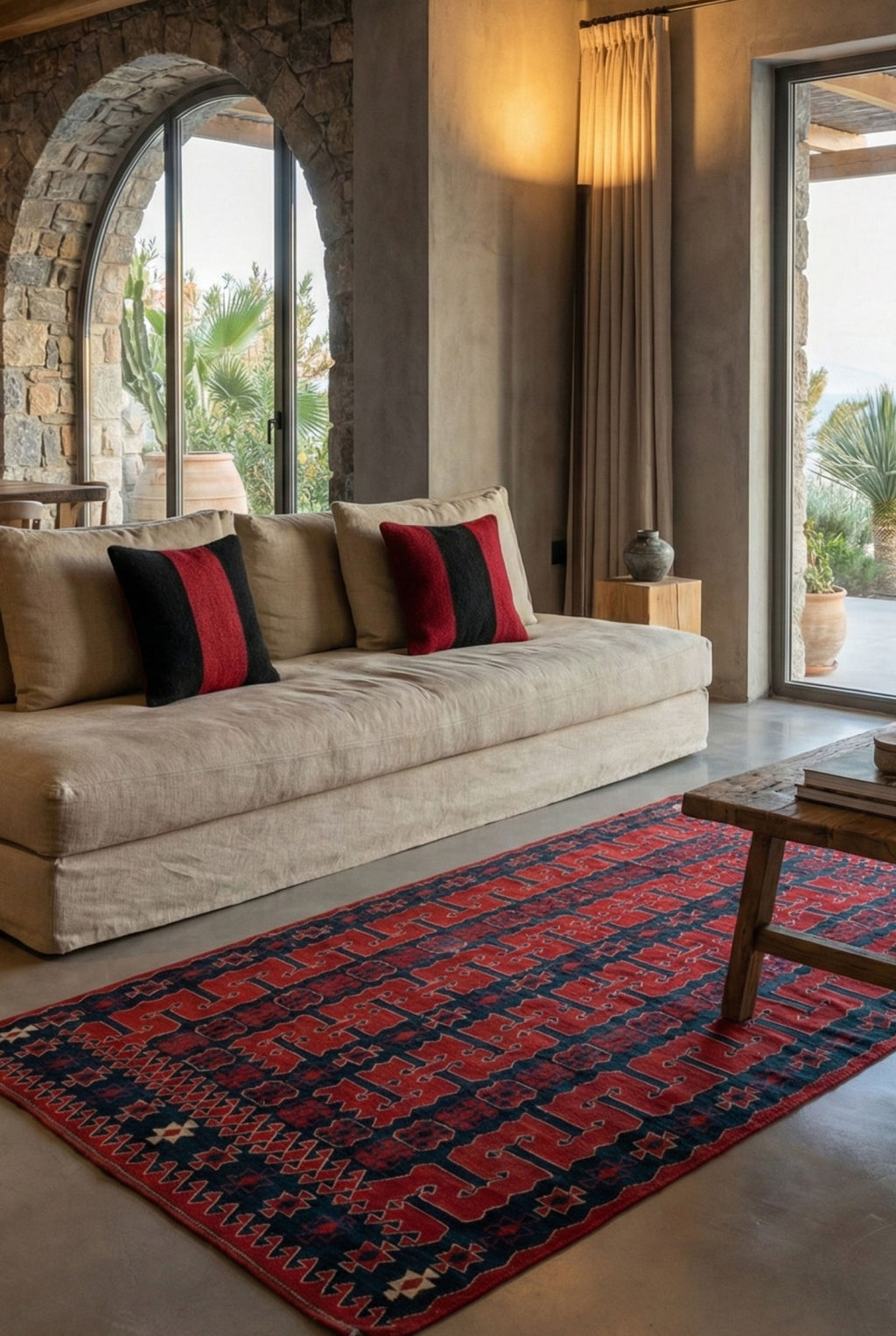 Handwoven red and navy geometric kilim rug with black-and-red pillows on a beige sofa in a modern living room.